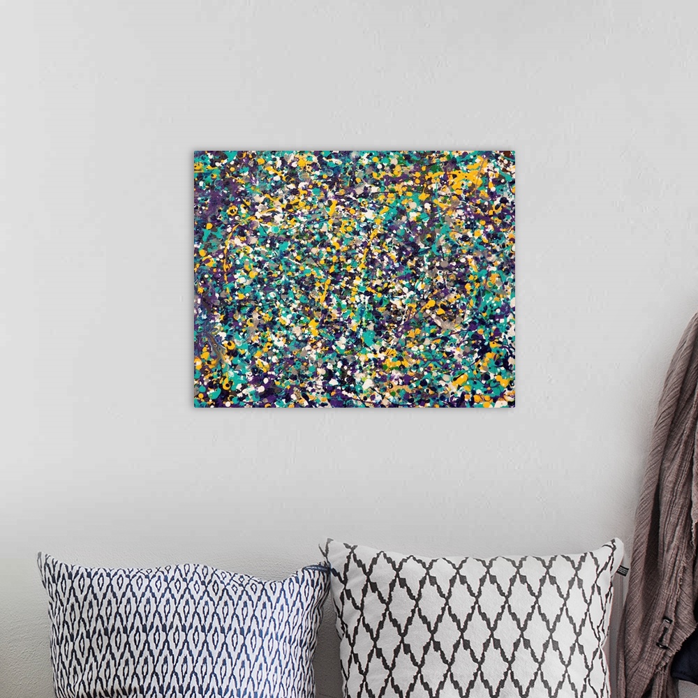 A bohemian room featuring Contemporary abstract painting made of paint splatters.