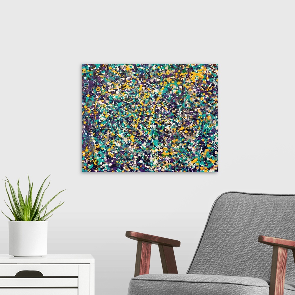 A modern room featuring Contemporary abstract painting made of paint splatters.