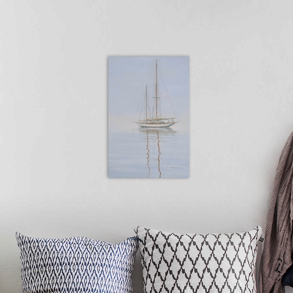 A bohemian room featuring Contemporary artwork of a sailboat anchored in the mist.