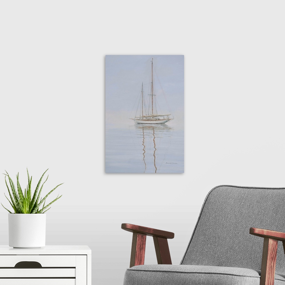 A modern room featuring Contemporary artwork of a sailboat anchored in the mist.