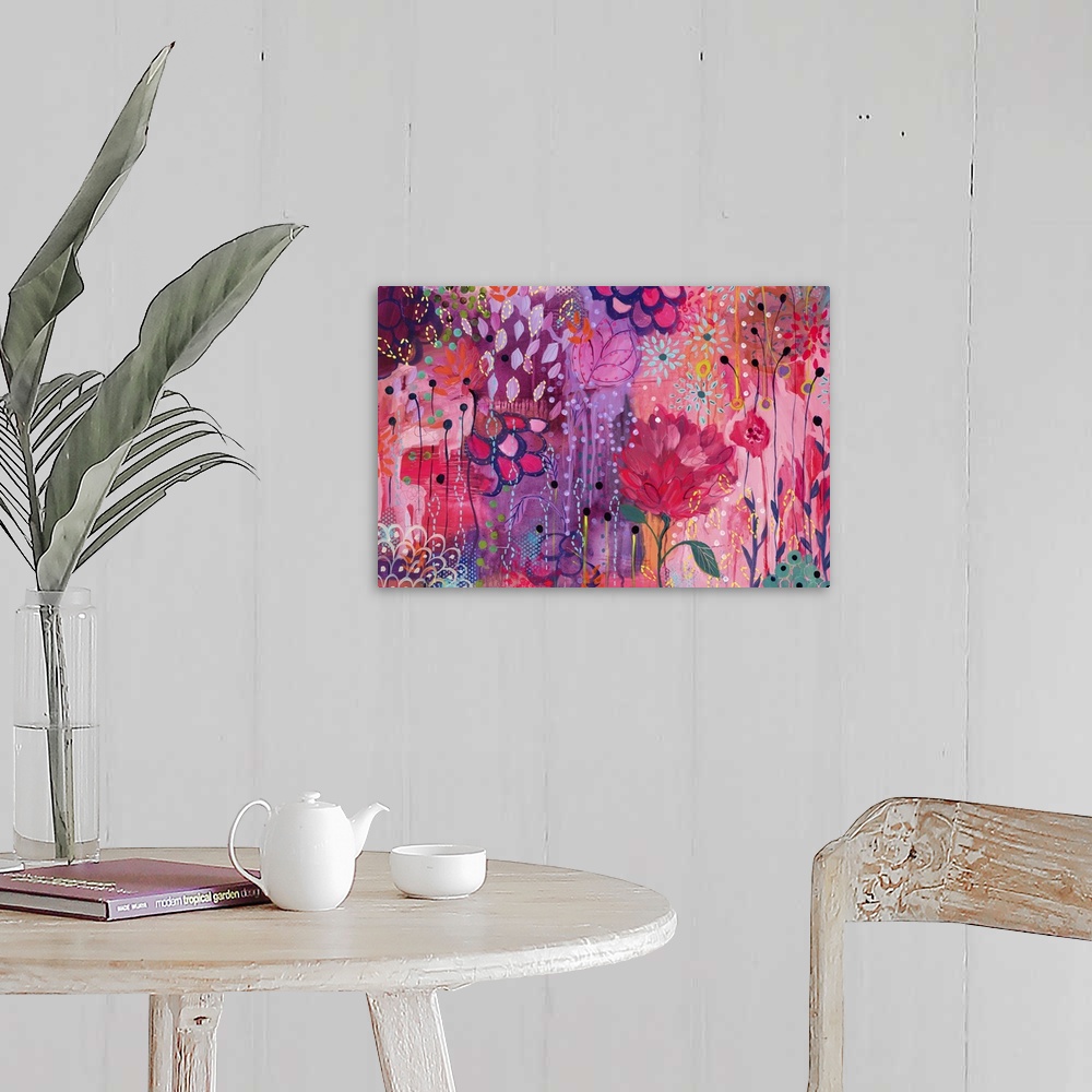 A farmhouse room featuring Contemporary painting of a vibrant wildly colored flowers.