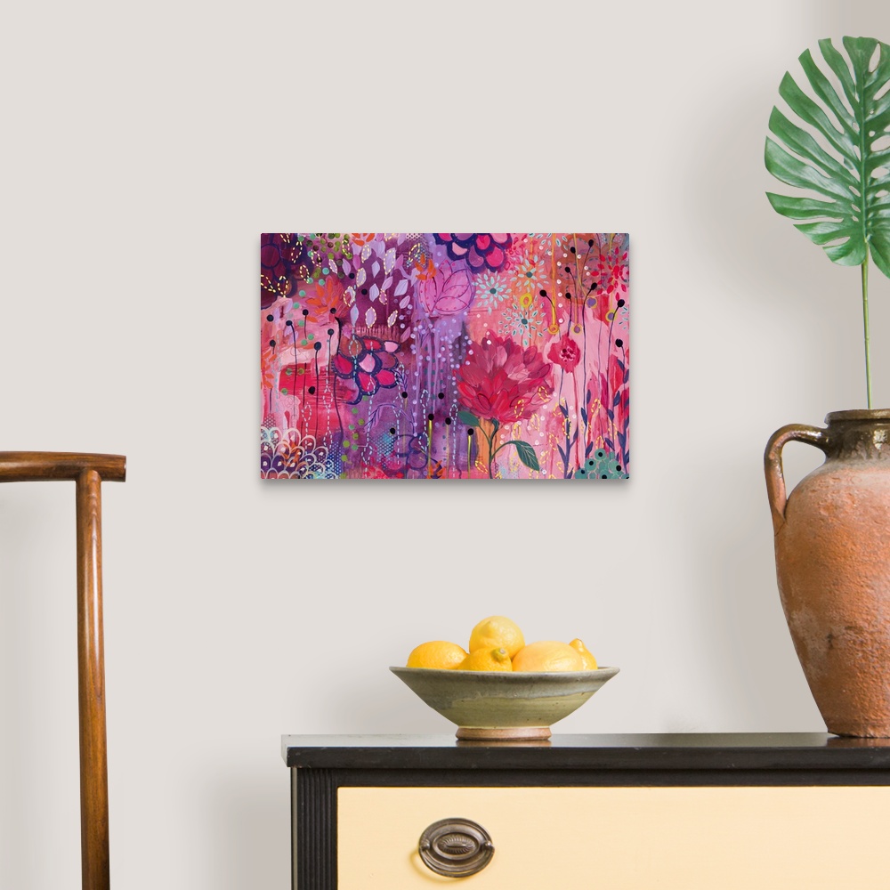 A traditional room featuring Contemporary painting of a vibrant wildly colored flowers.