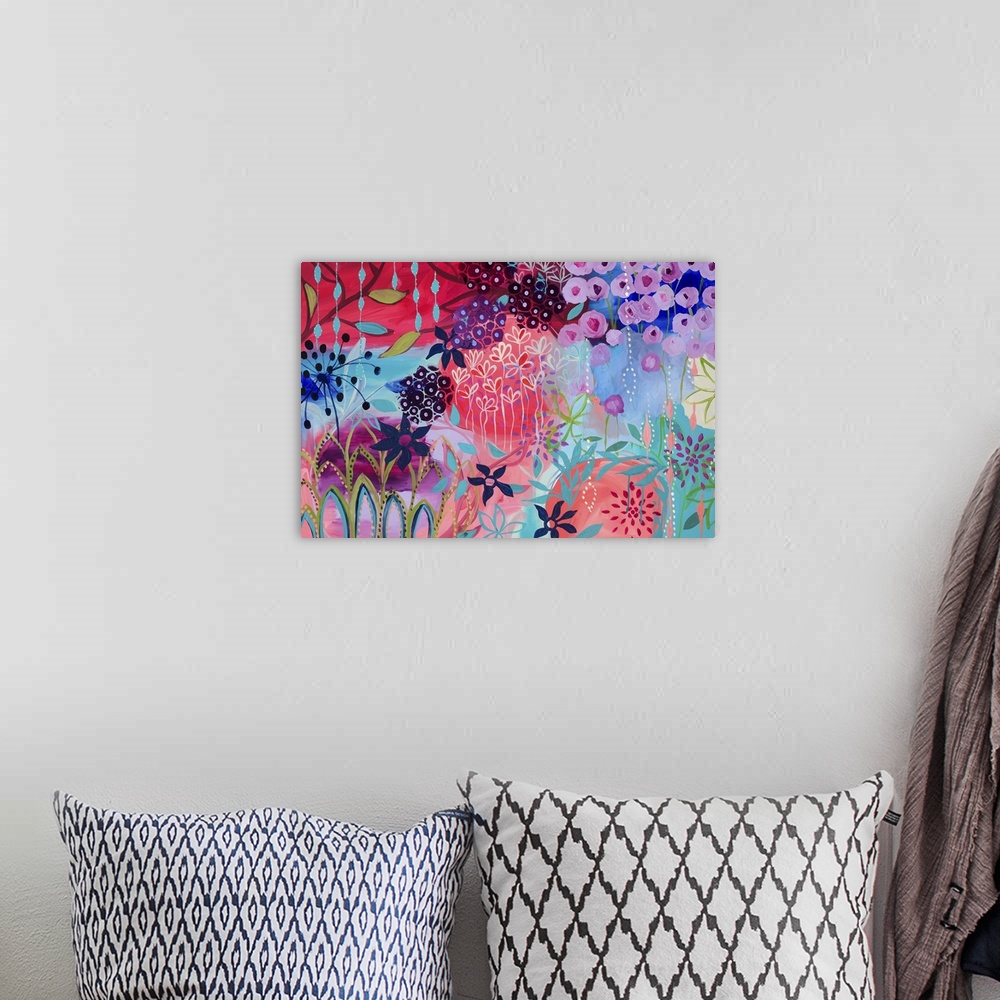 A bohemian room featuring Contemporary painting of a vibrant wildly colored flowers.