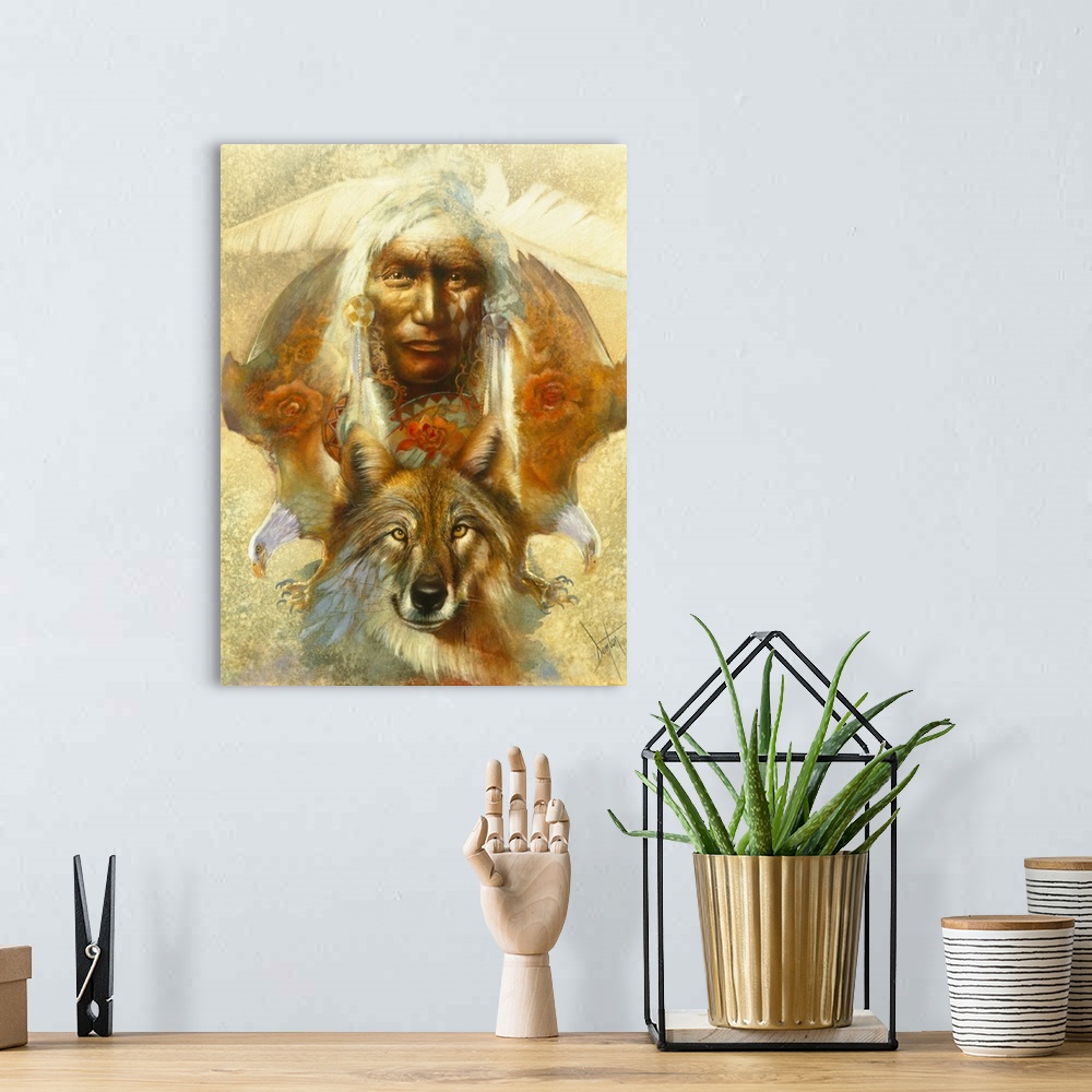 A bohemian room featuring A contemporary painting of a Native American man looking straight on with colorful imagery and an...