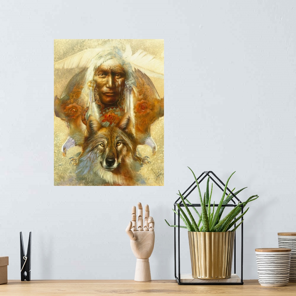 A bohemian room featuring A contemporary painting of a Native American man looking straight on with colorful imagery and an...