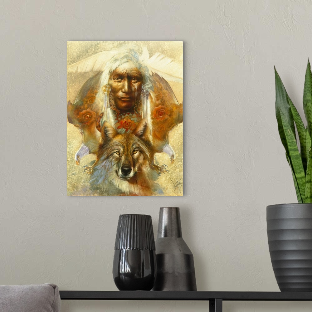 A modern room featuring A contemporary painting of a Native American man looking straight on with colorful imagery and an...