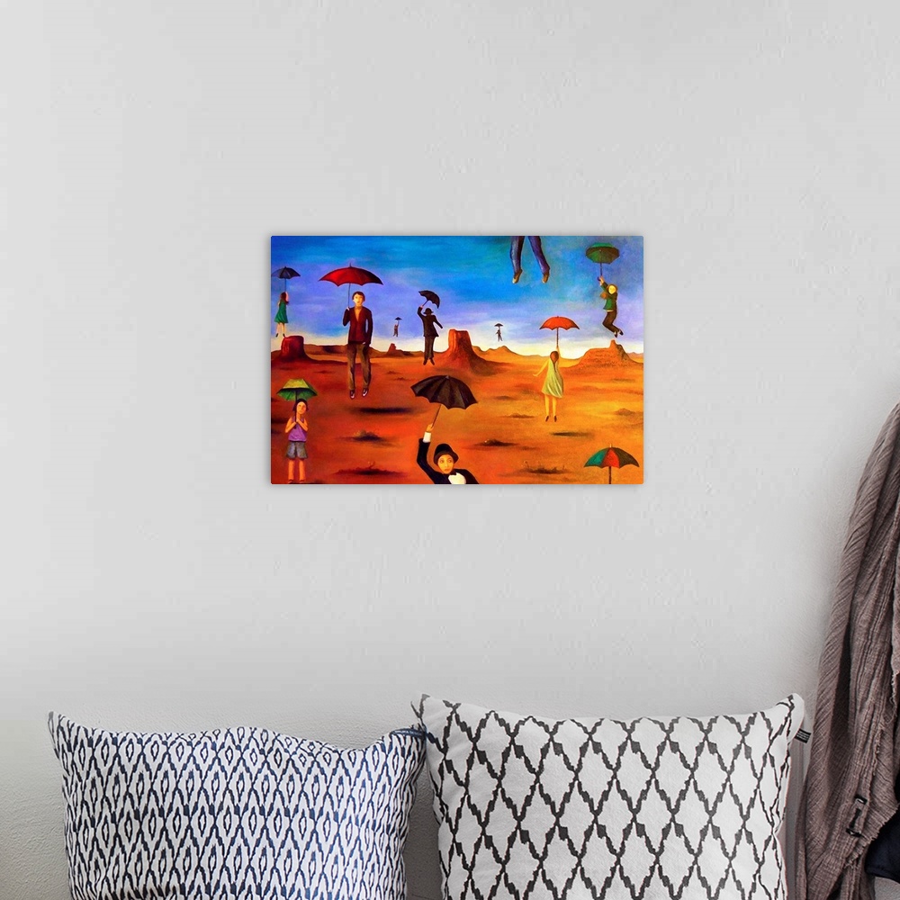 A bohemian room featuring Surrealist painting of a desert landscape with people floating with umbrellas.