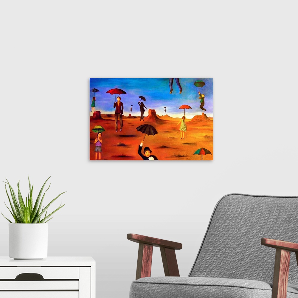 A modern room featuring Surrealist painting of a desert landscape with people floating with umbrellas.