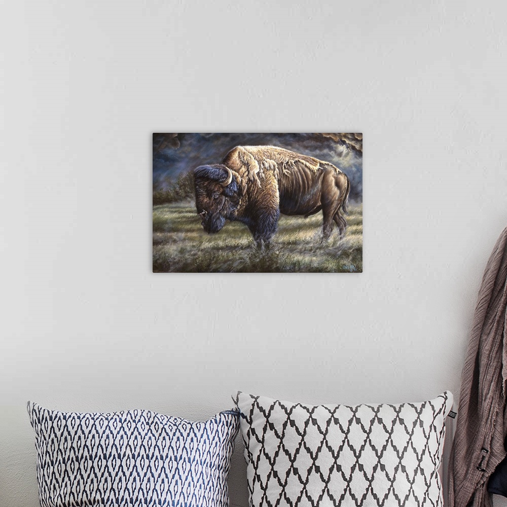 A bohemian room featuring bison on western plain