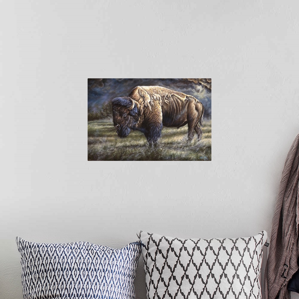 A bohemian room featuring bison on western plain