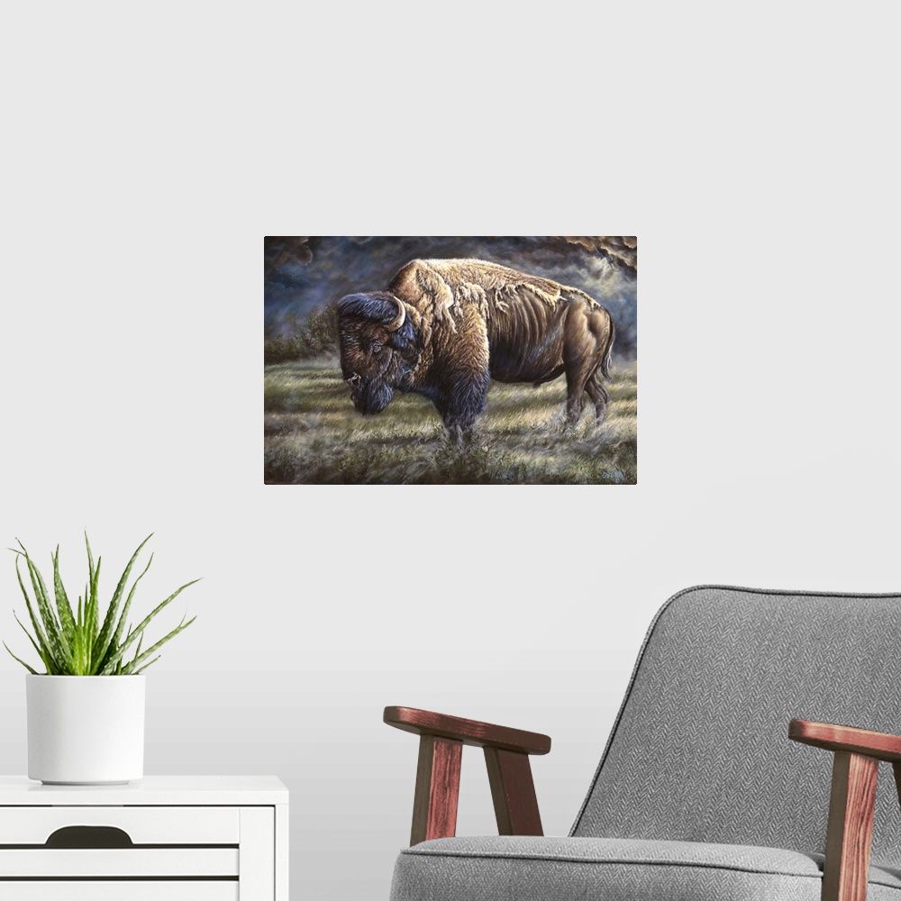 A modern room featuring bison on western plain