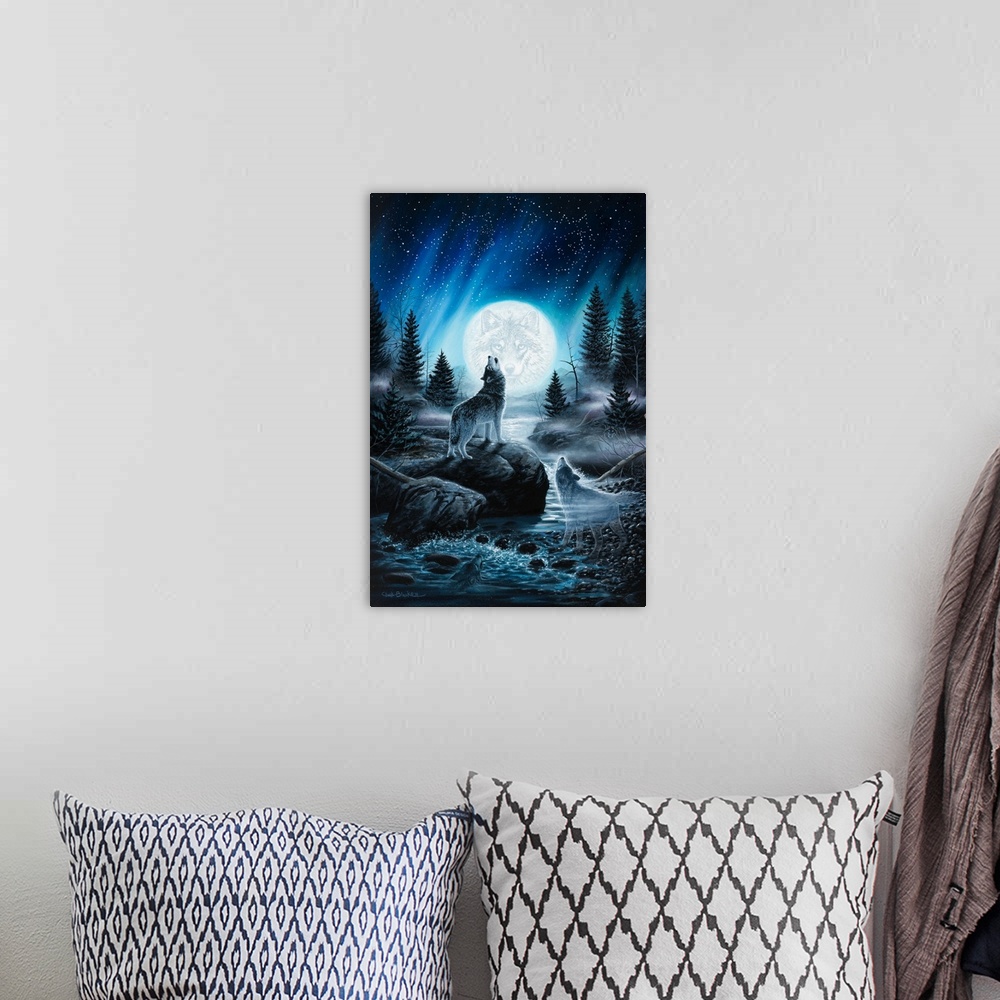 A bohemian room featuring A contemporary painting of a wolf howling up at the night sky.