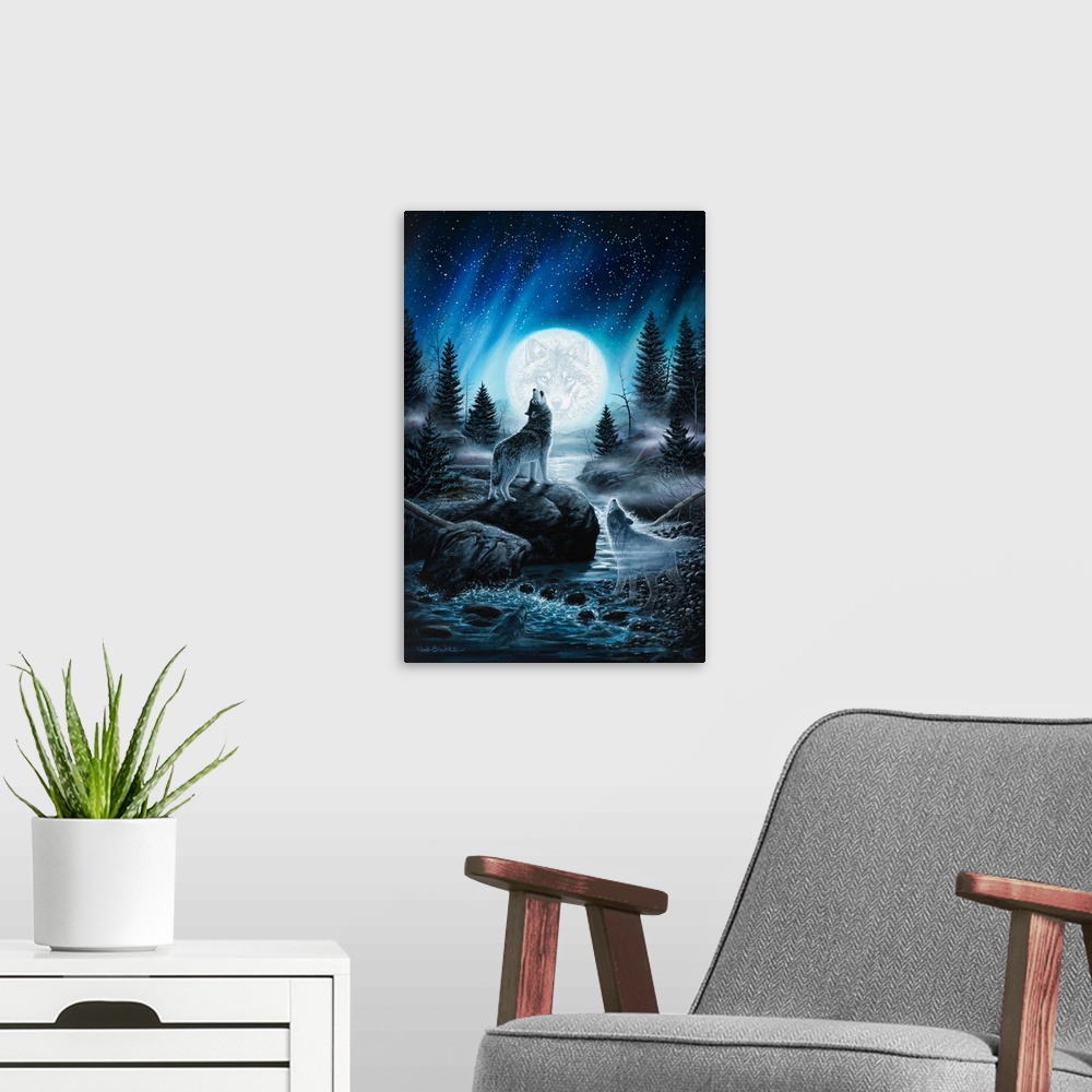 A modern room featuring A contemporary painting of a wolf howling up at the night sky.