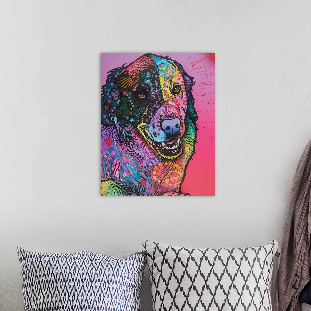 A bohemian room featuring Colorful painting of a dog made up of all the colors of the rainbow with graffiti-like designs on...