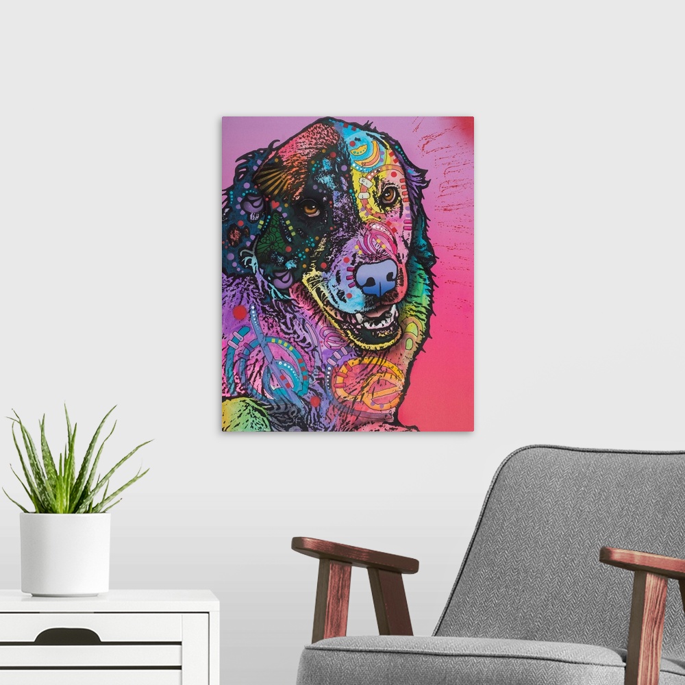 A modern room featuring Colorful painting of a dog made up of all the colors of the rainbow with graffiti-like designs on...