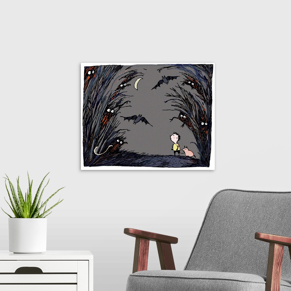 A modern room featuring kid, pig, bats, moon, night, spookyhalloween