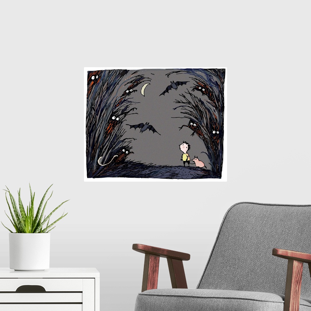 A modern room featuring kid, pig, bats, moon, night, spookyhalloween