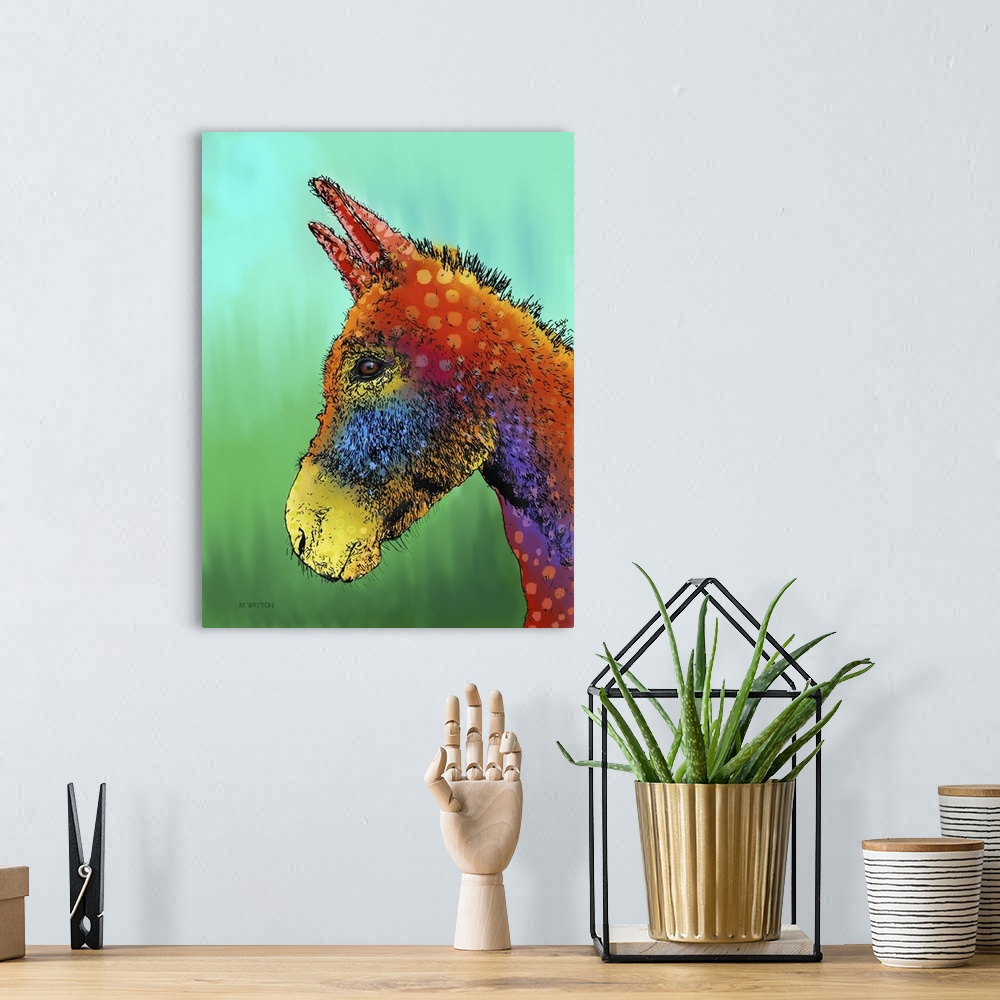 A bohemian room featuring Contemporary colorful artwork of a donkey against a colorful background.