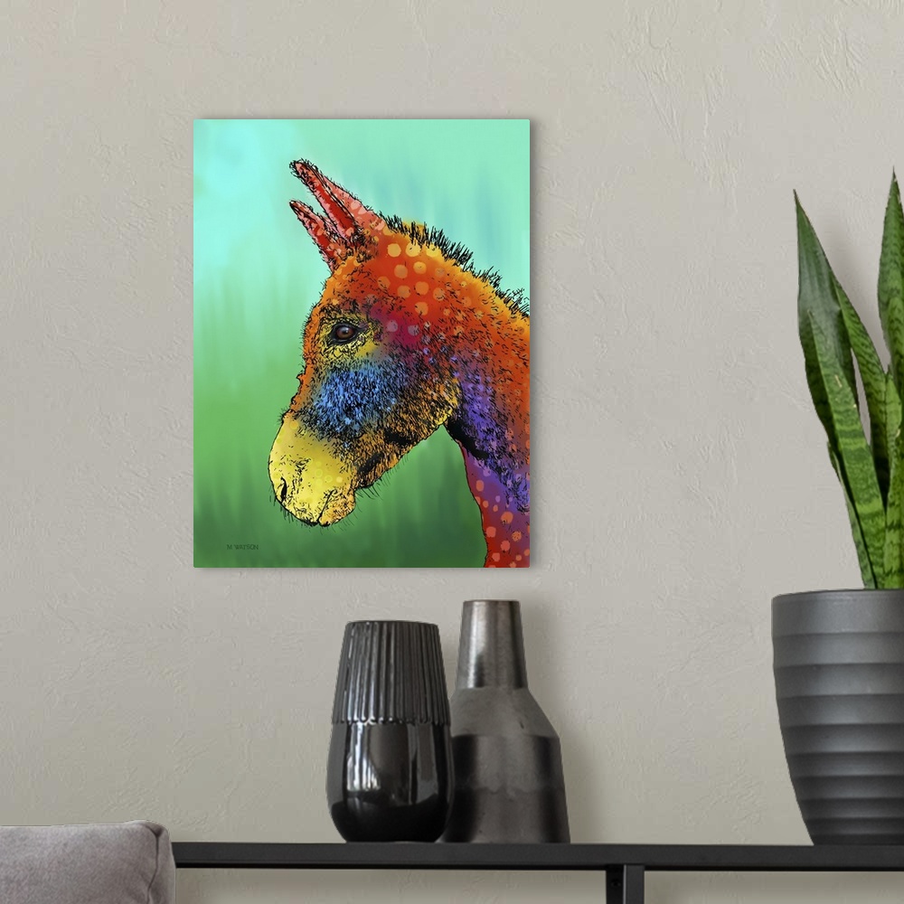 A modern room featuring Contemporary colorful artwork of a donkey against a colorful background.