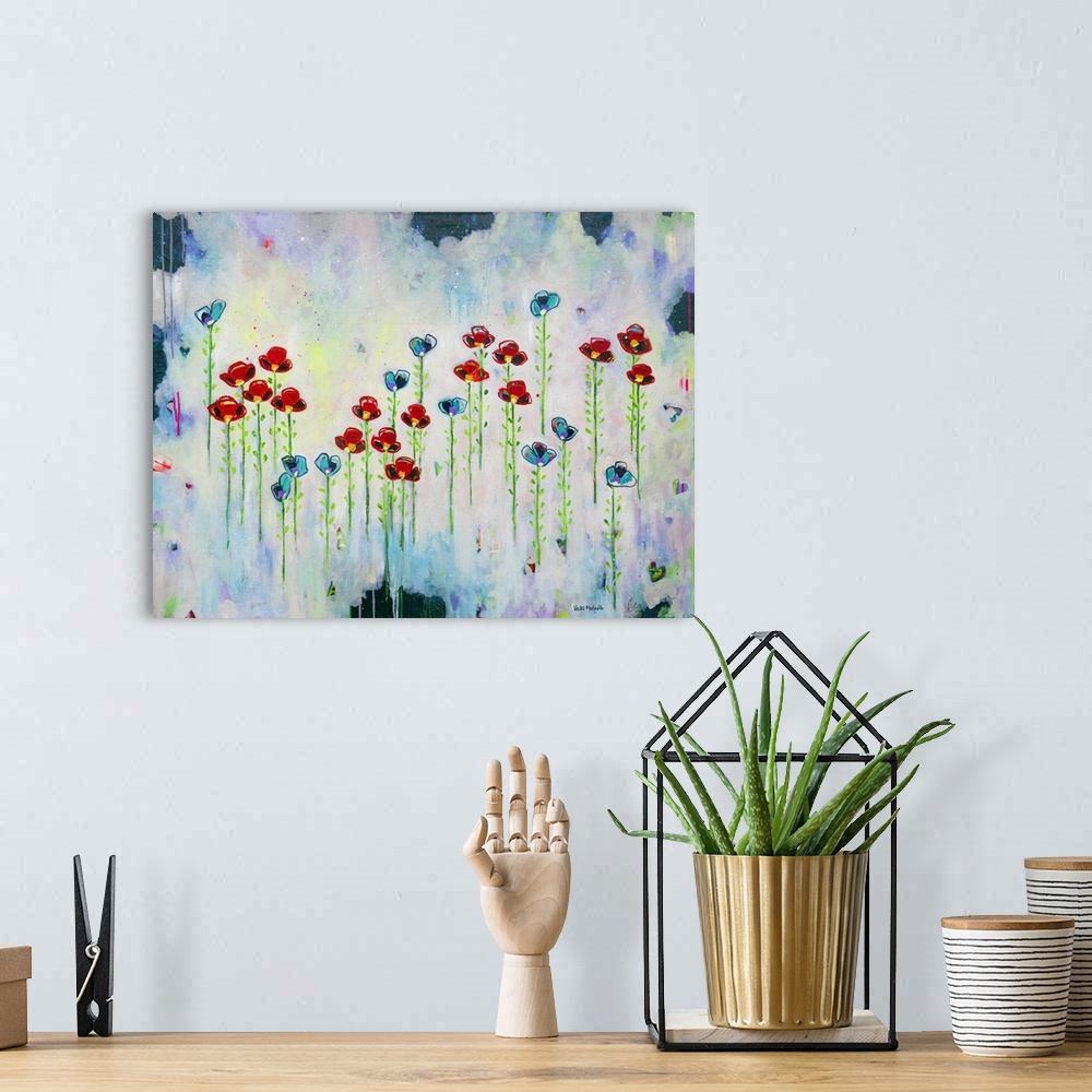 A bohemian room featuring Vibrant abstract painting with blue and red flowers that appear to be floating with long green st...