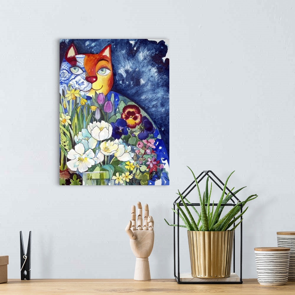 A bohemian room featuring Watercolor painting of a decorated with pansies and other spring flowers.