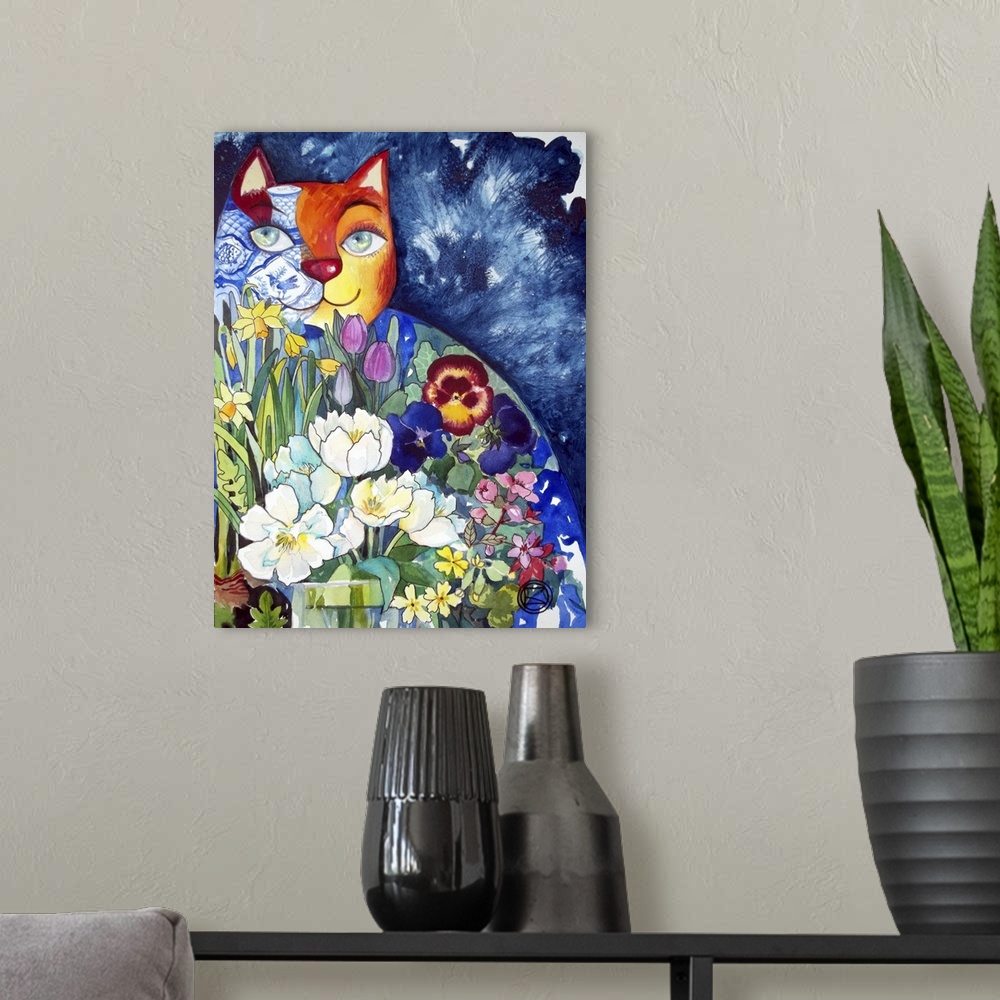 A modern room featuring Watercolor painting of a decorated with pansies and other spring flowers.