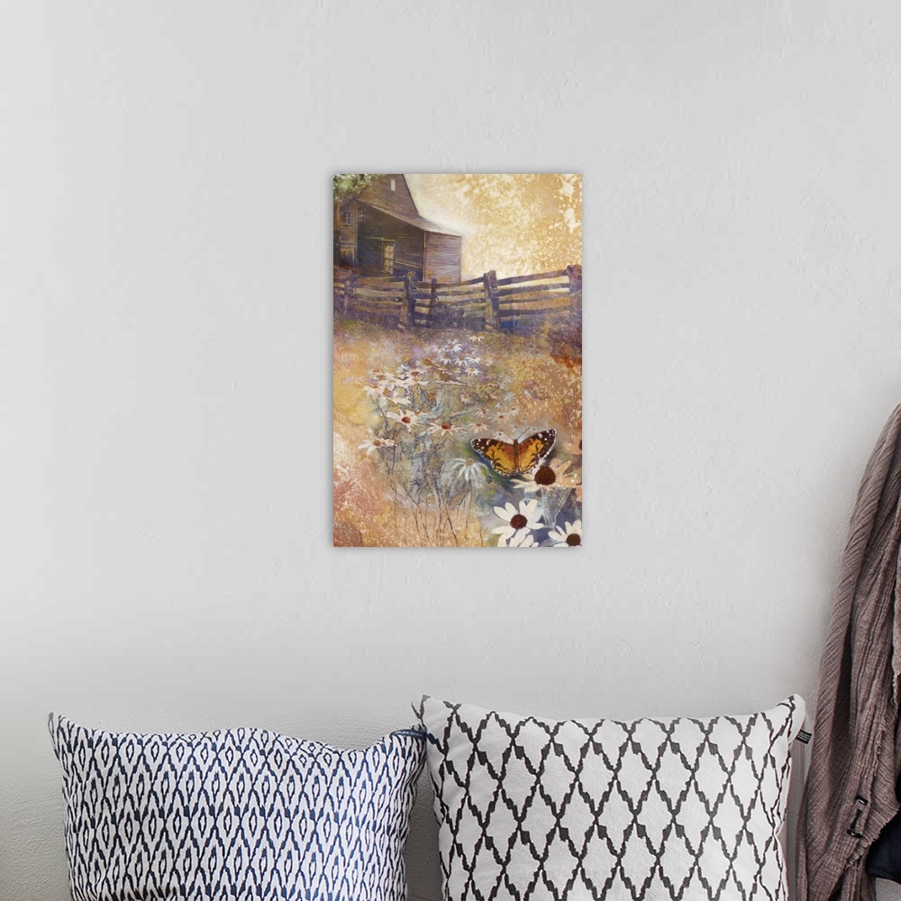 A bohemian room featuring A contemporary painting of a butterfly on wildflowers seen outside of a country home.