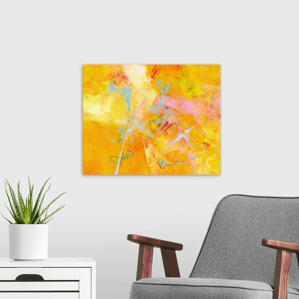 A modern room featuring Contemporary abstract painting using wild and vibrant splashes of color.