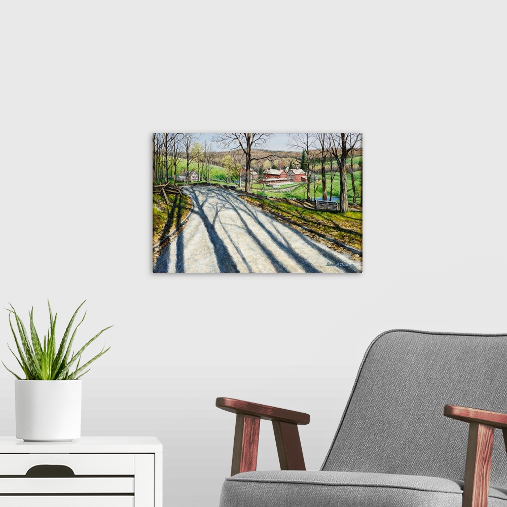 A modern room featuring Contemporary artwork of spring hill farm.