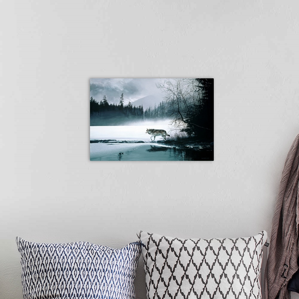 A bohemian room featuring A wolf makes its way along a thawing lake.
