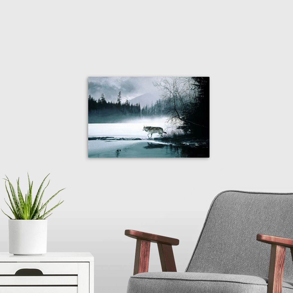 A modern room featuring A wolf makes its way along a thawing lake.