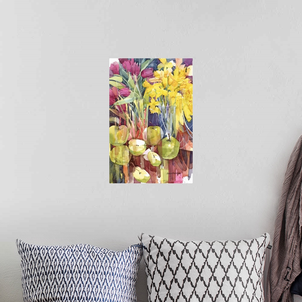 A bohemian room featuring Contemporary watercolor painting of flowers.