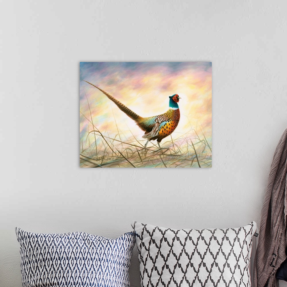 A bohemian room featuring Contemporary painting of a colorful bird with a long feathered tail.