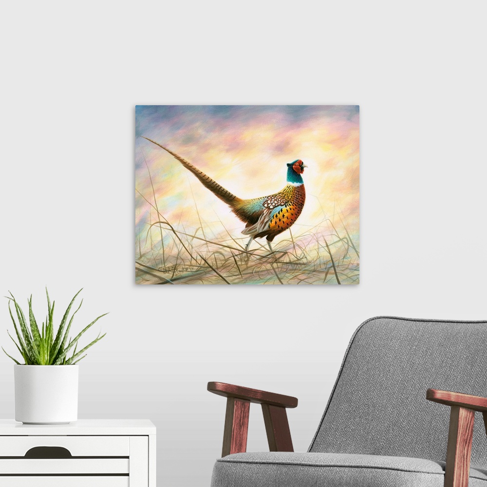 A modern room featuring Contemporary painting of a colorful bird with a long feathered tail.