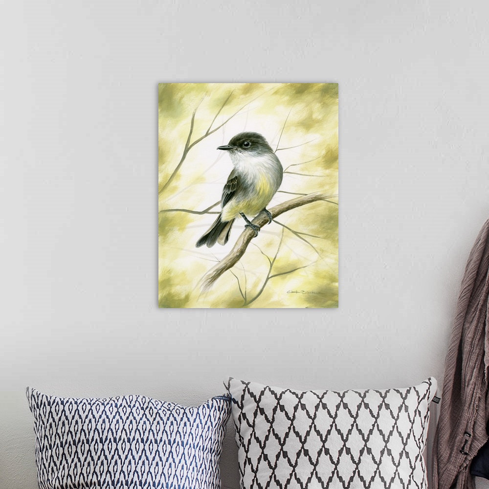A bohemian room featuring Contemporary painting of a white, black, and yellow garden bird on a branch.