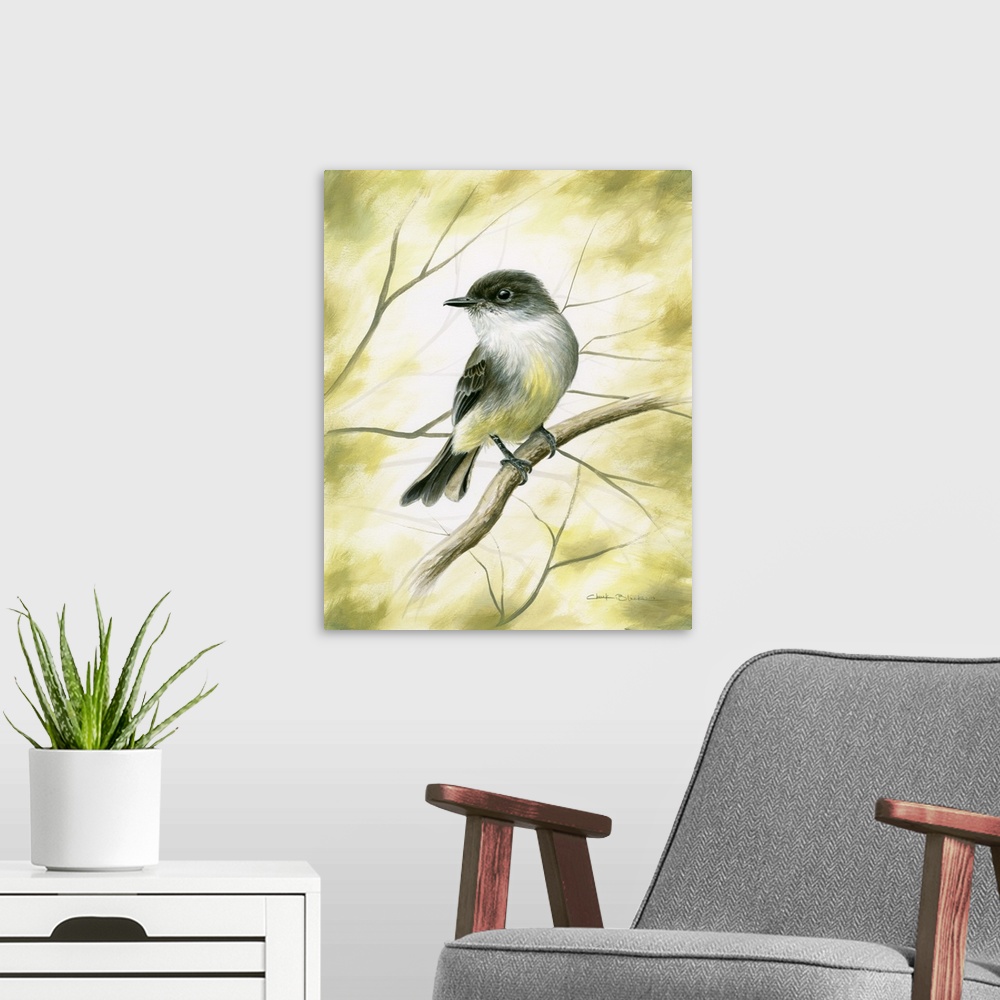 A modern room featuring Contemporary painting of a white, black, and yellow garden bird on a branch.