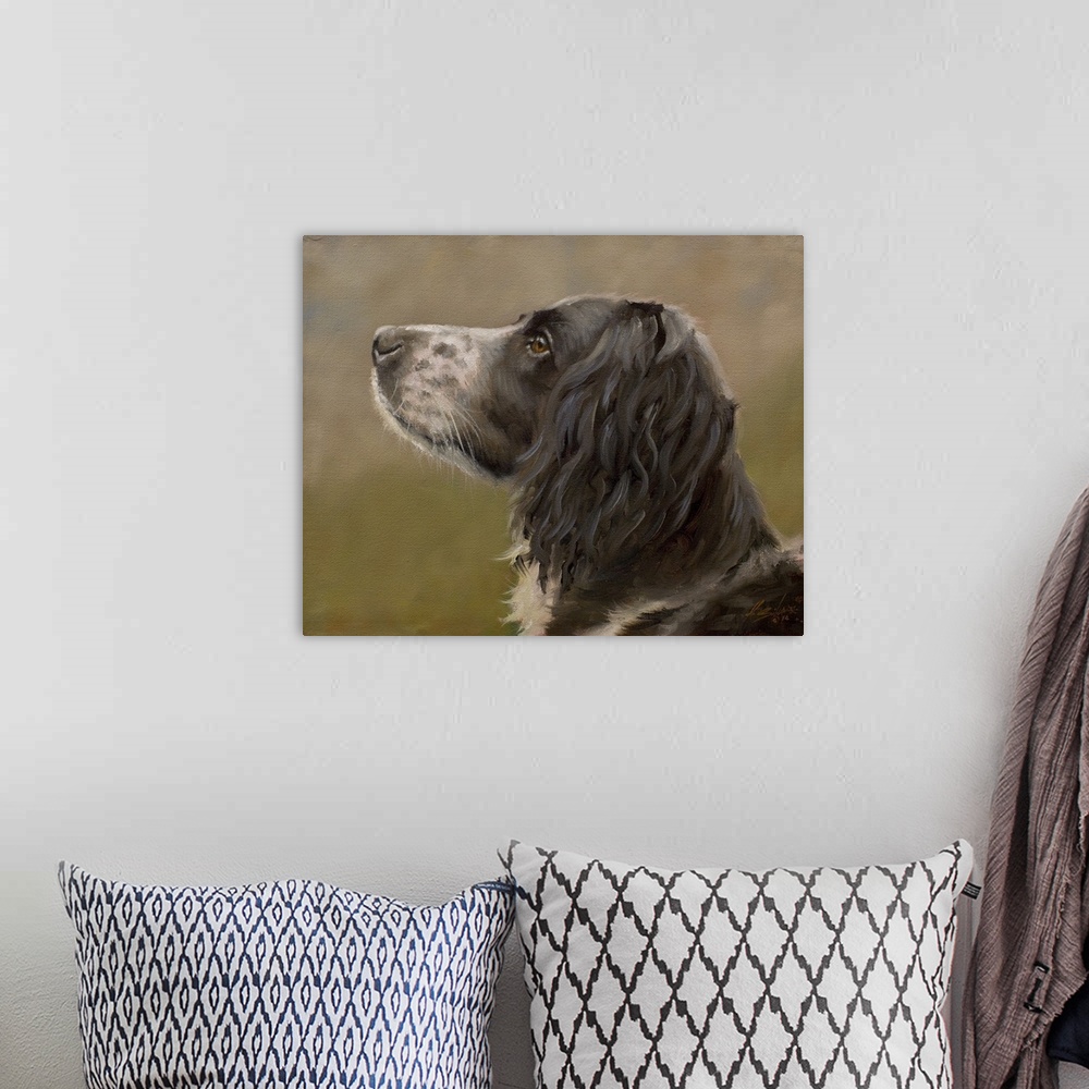 A bohemian room featuring Contemporary painting of a springer spaniel.