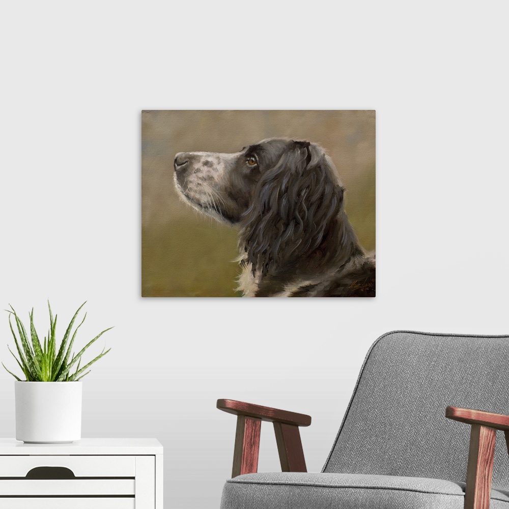 A modern room featuring Contemporary painting of a springer spaniel.