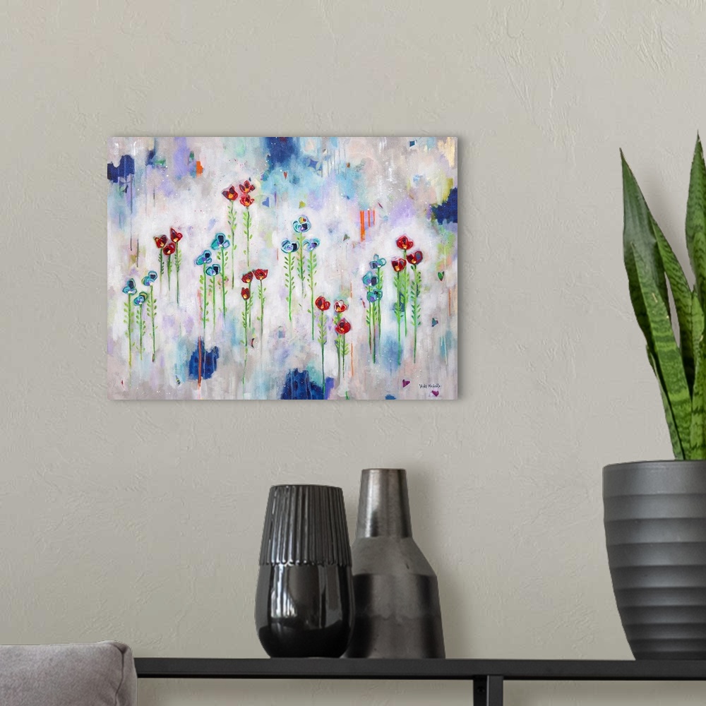 A modern room featuring Vibrant abstract painting with blue and red flowers that appear to be floating in sets of three w...