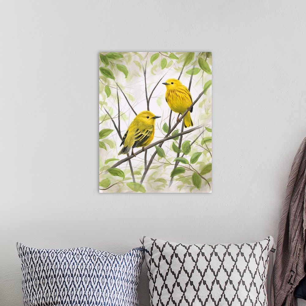 A bohemian room featuring Contemporary painting of two Warblers perched on branches and surrounded by green leaves.
