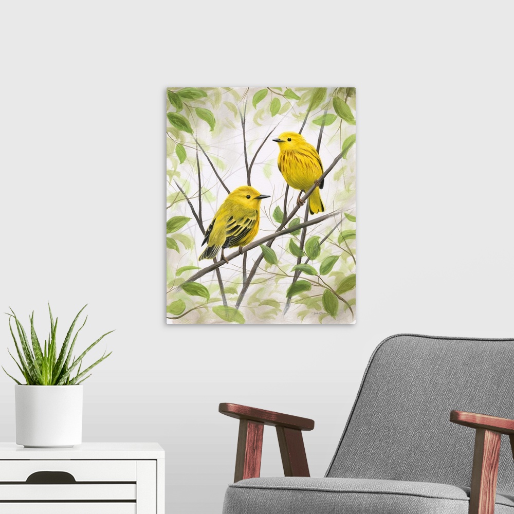 A modern room featuring Contemporary painting of two Warblers perched on branches and surrounded by green leaves.