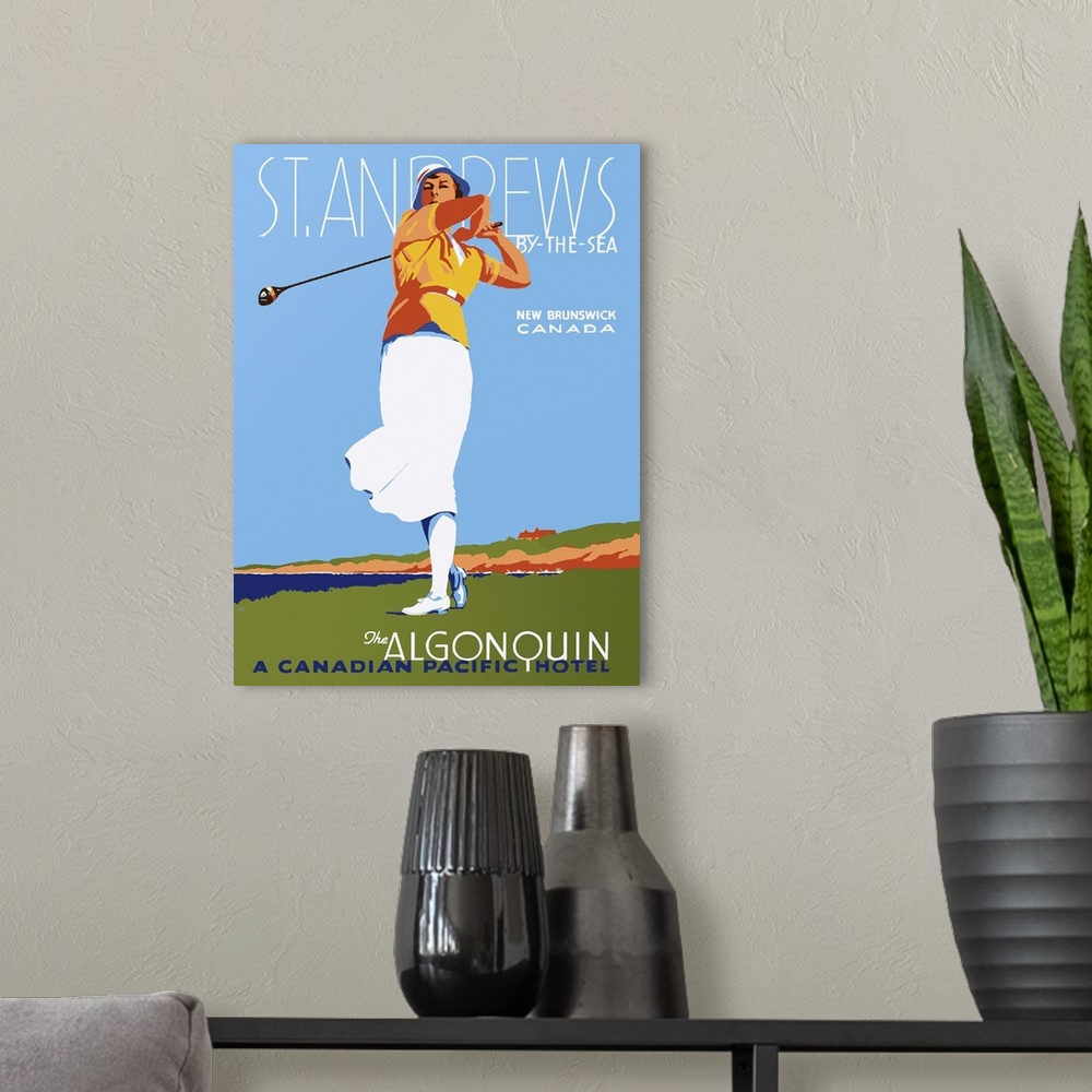 A modern room featuring Vintage poster advertisement for St. Andrews.