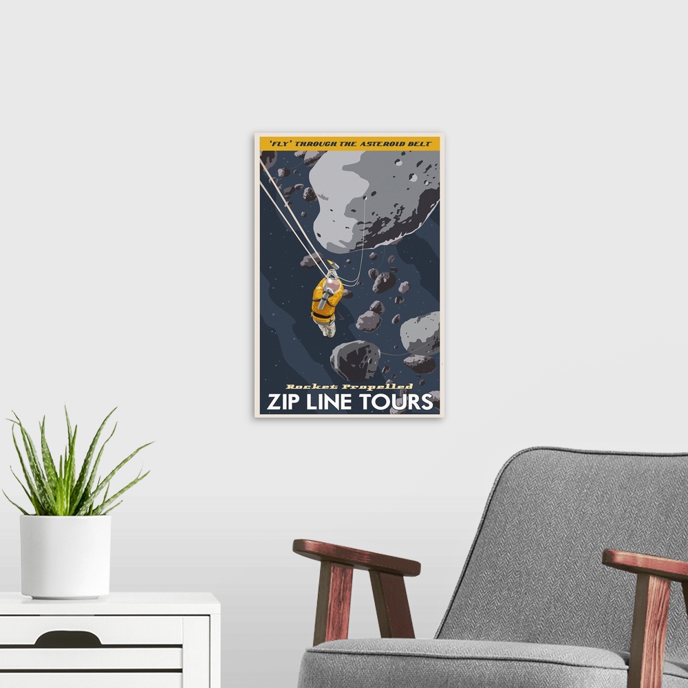 A modern room featuring Retro minimalist space travel poster art.