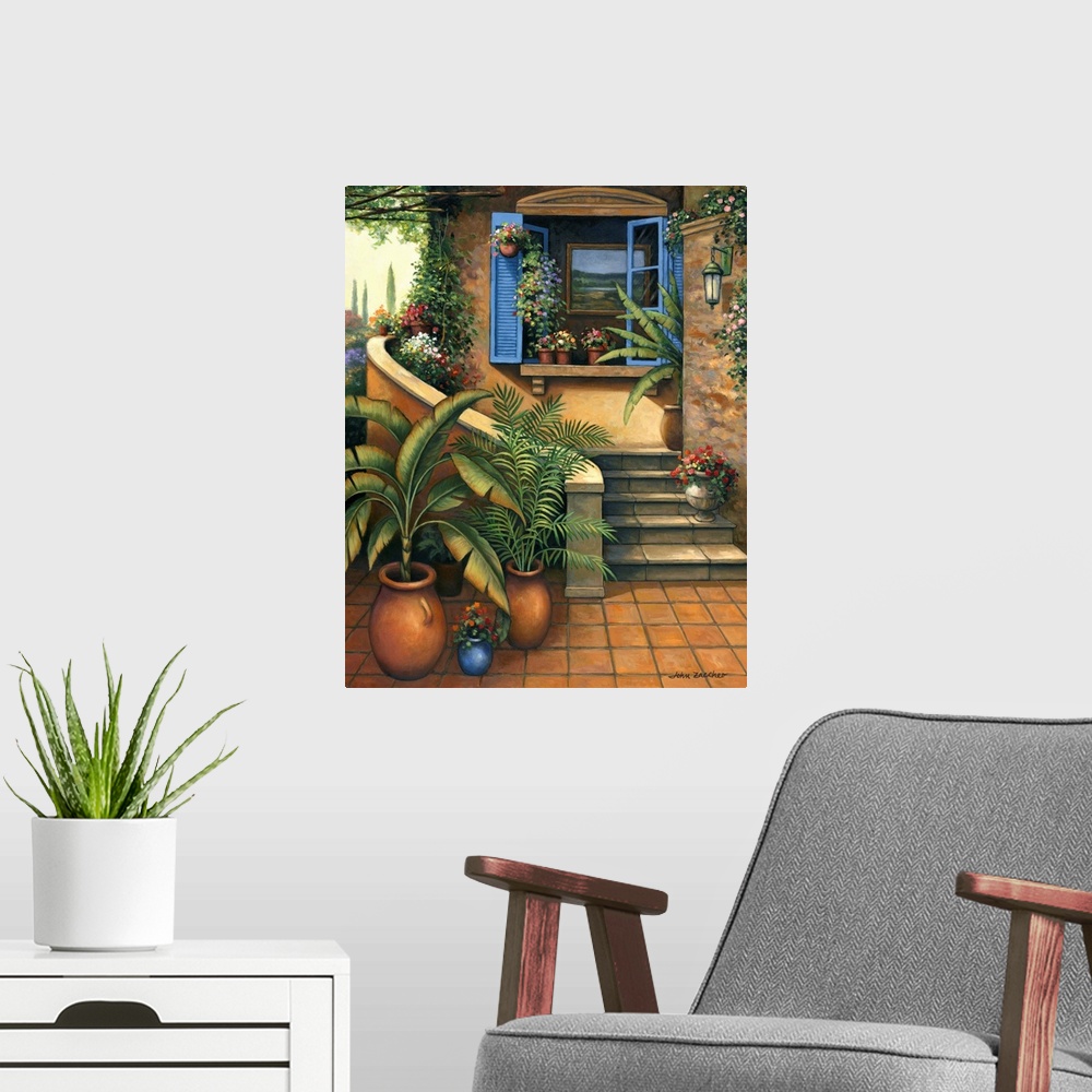 A modern room featuring house patio with lots of plants and an open window