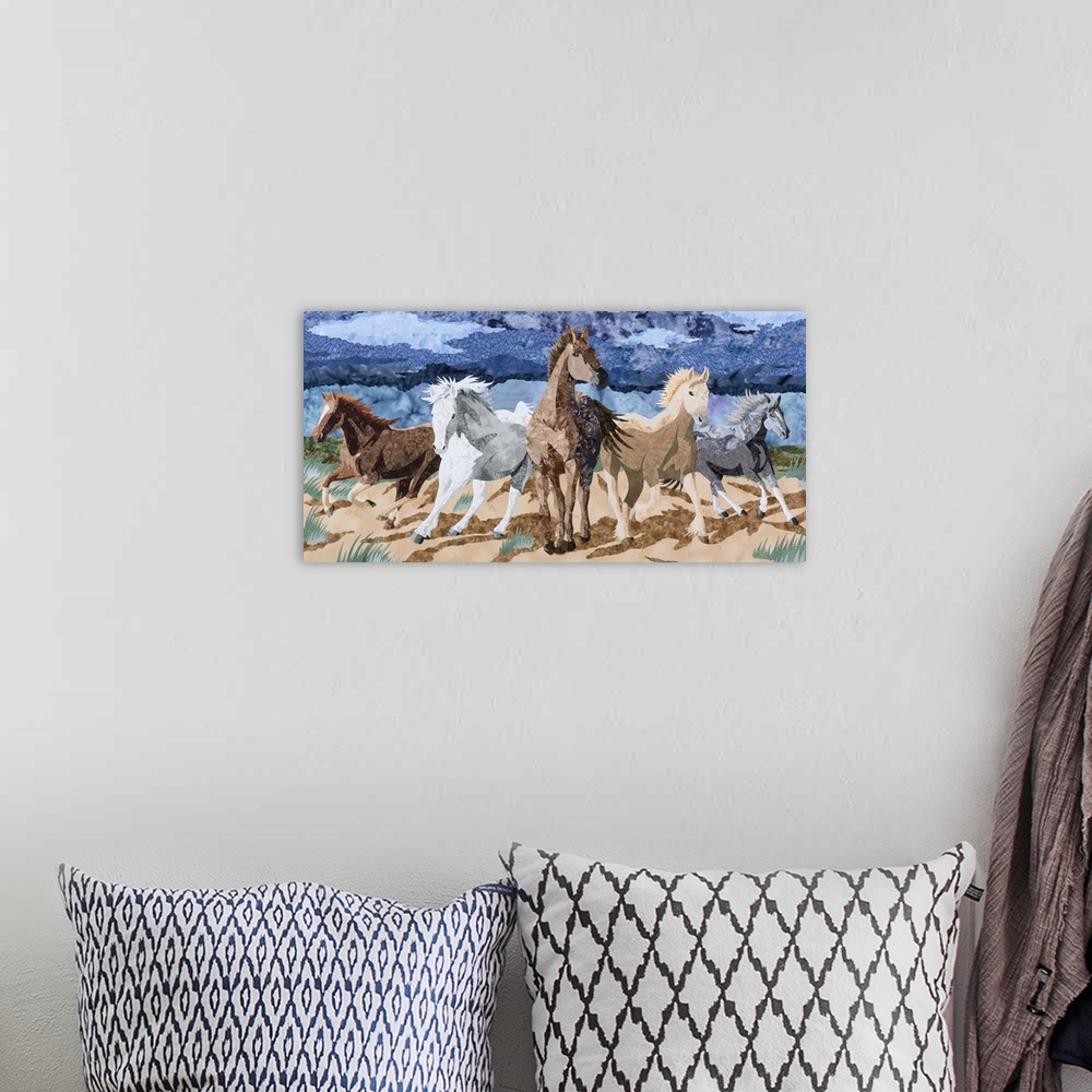 A bohemian room featuring Contemporary colorful fabric art of a stampede of horses.