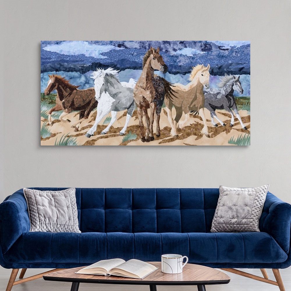 A modern room featuring Contemporary colorful fabric art of a stampede of horses.