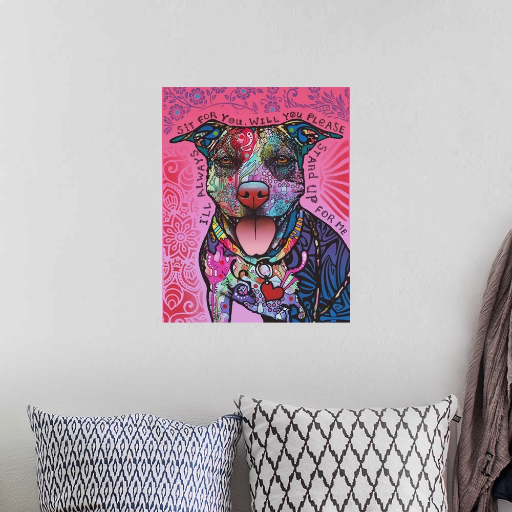 A bohemian room featuring Colorful illustration of a pit bull with intricate designs on its fur and "I'll Always Sit For Yo...