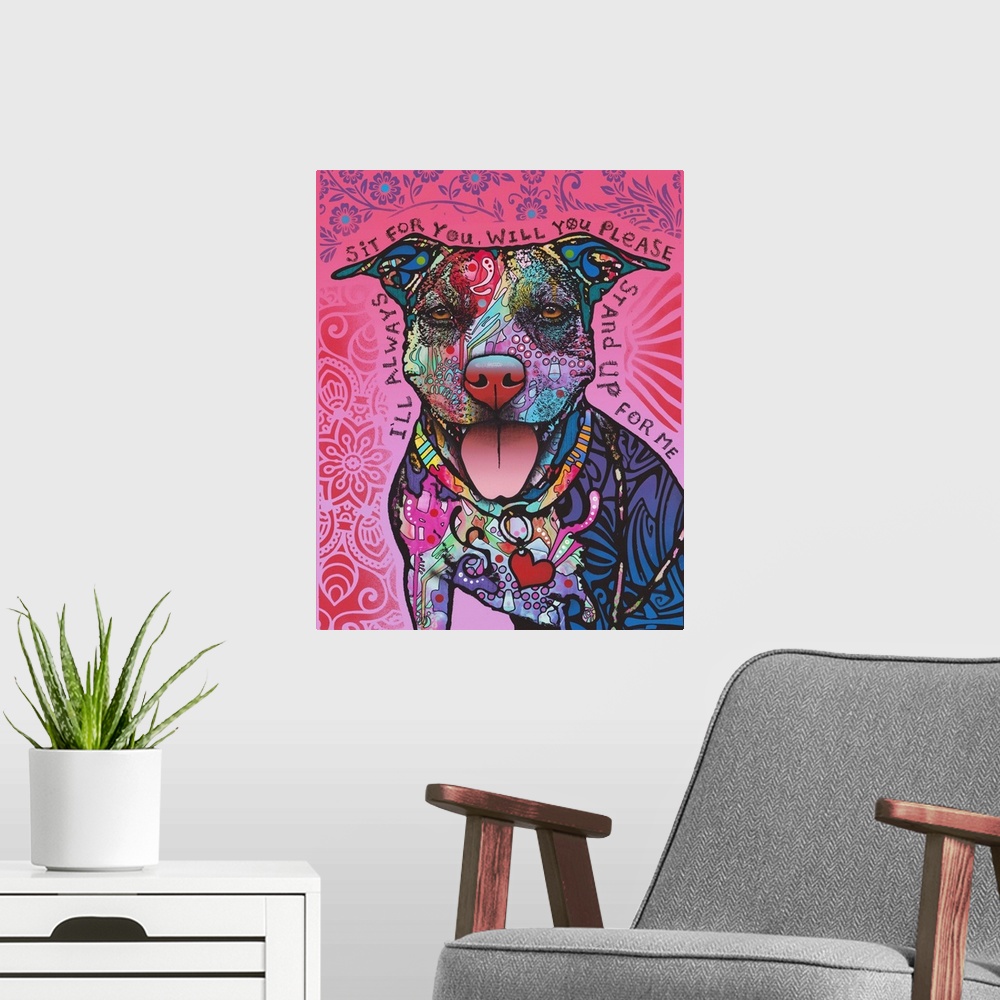 A modern room featuring Colorful illustration of a pit bull with intricate designs on its fur and "I'll Always Sit For Yo...