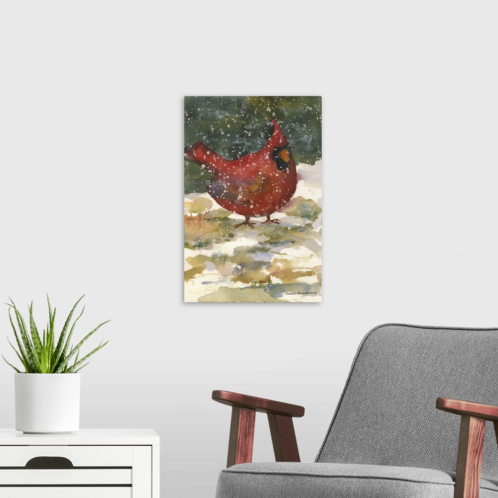 A modern room featuring Contemporary watercolor painting of a cardinal in the snow.