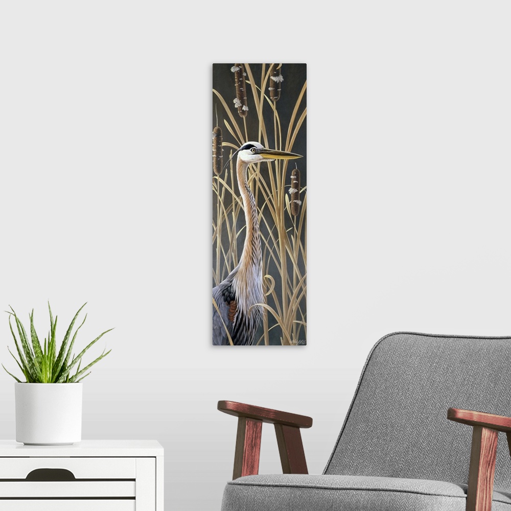 A modern room featuring Heron standing in the grass.
